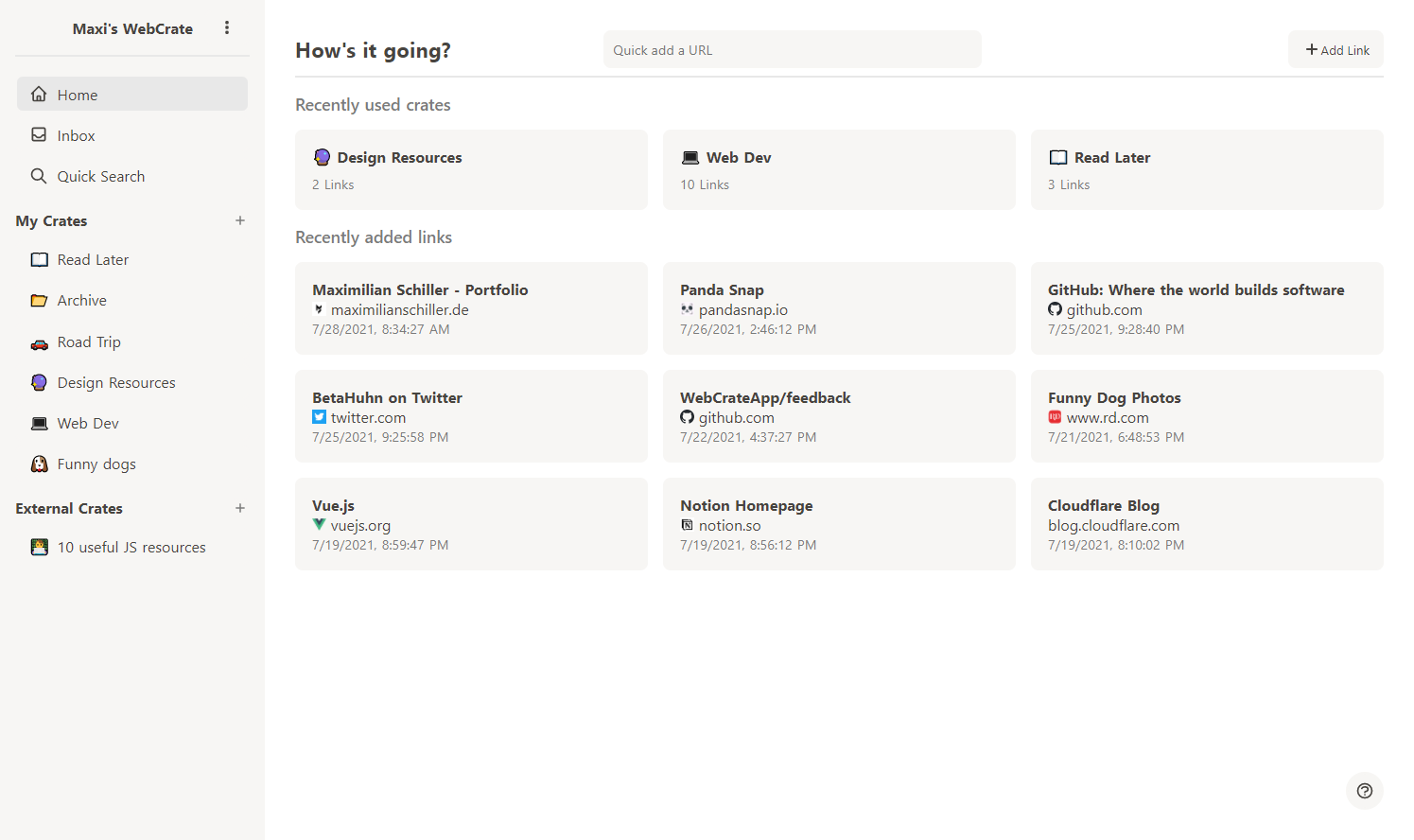 Screenshot of the WebCrate app